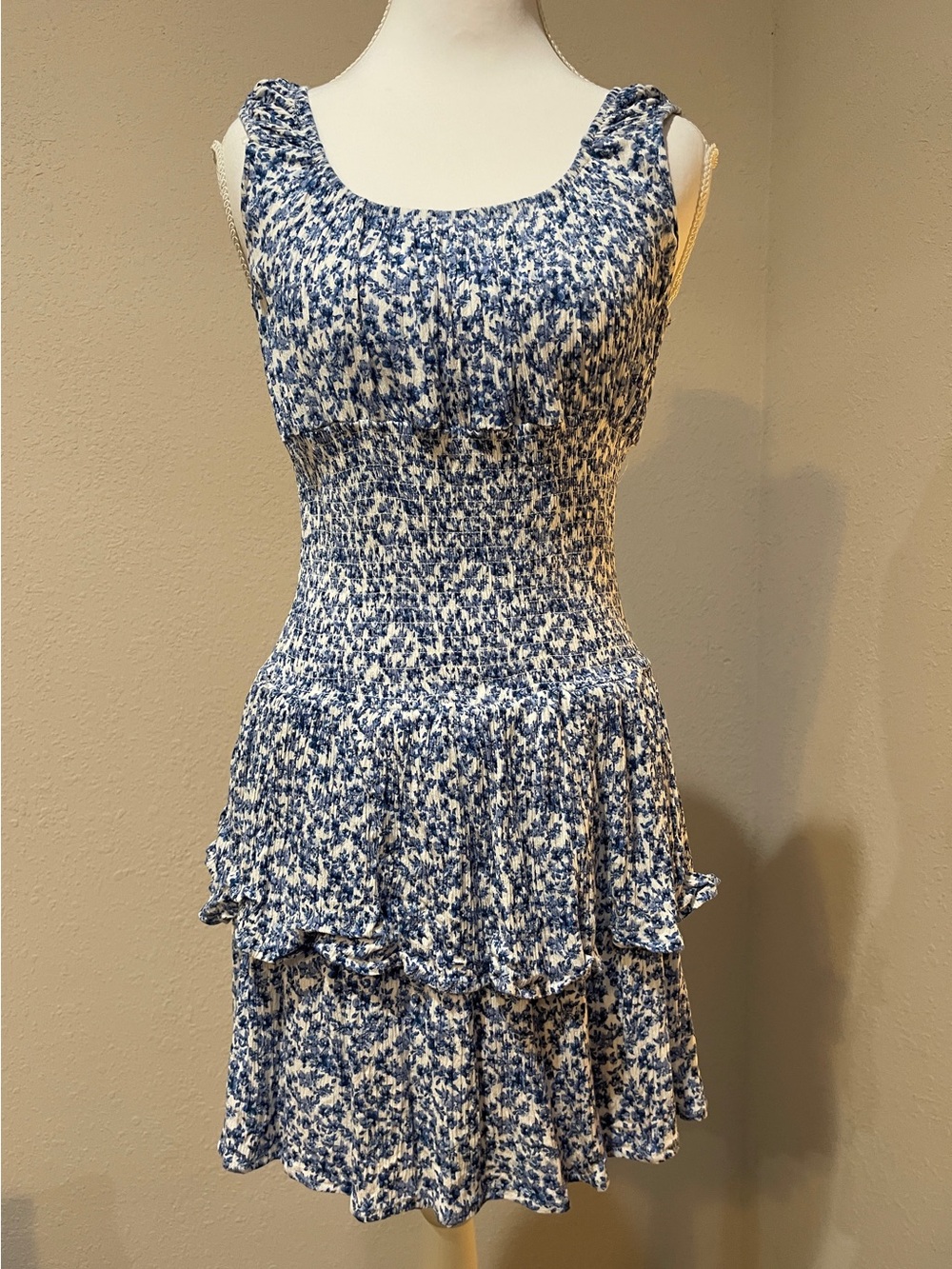 Bloomfield Blue and White Smocked Tiered Mini Dress Size Large